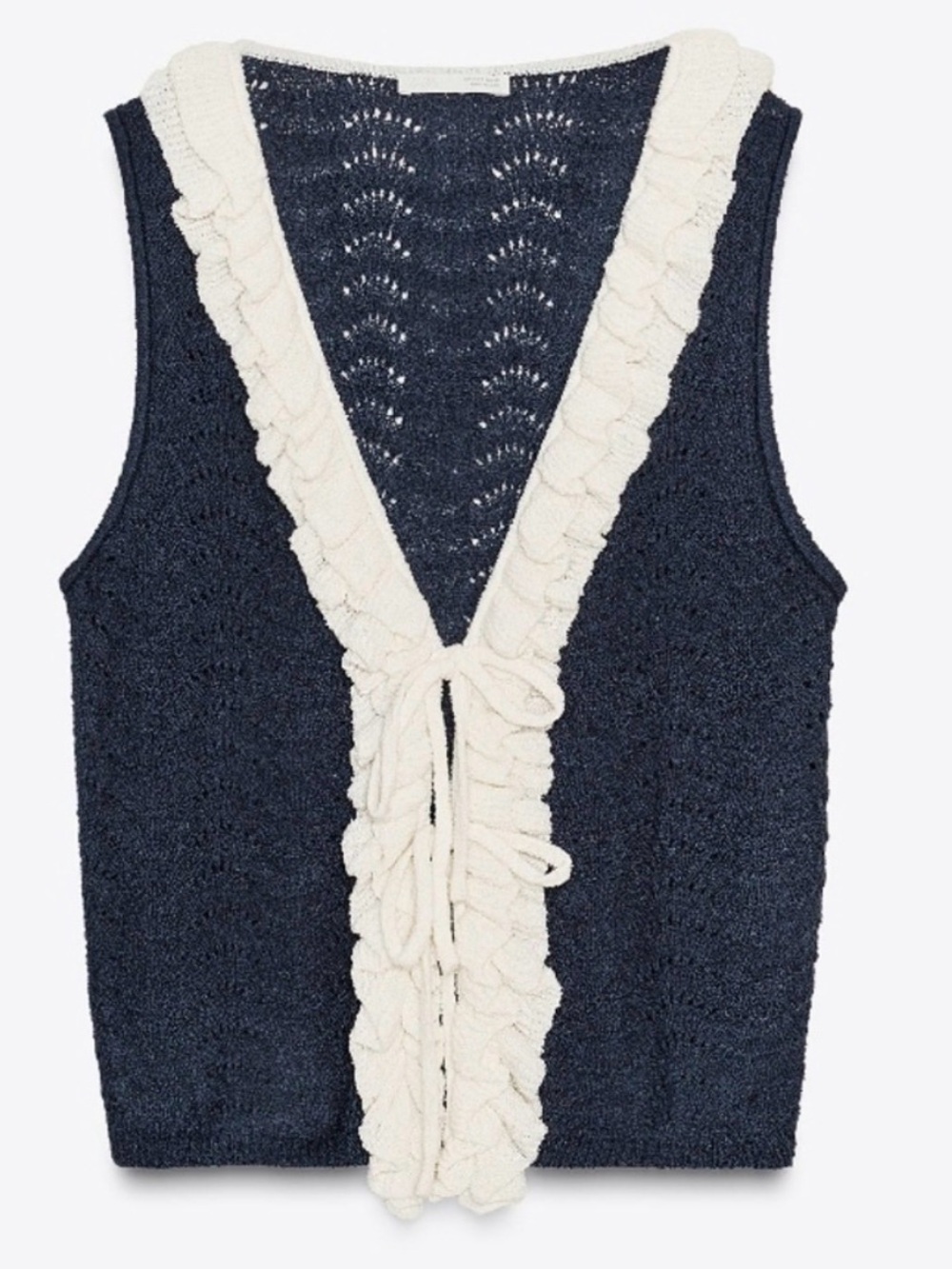 Zara Navy Blue Knit Vest with Cream Ruffle Trim Size L